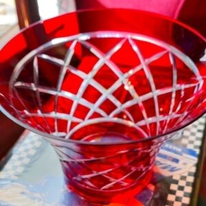 Bohemian Cut Crystal Basket/Vase- Red.         6" Tall x 7" Wide